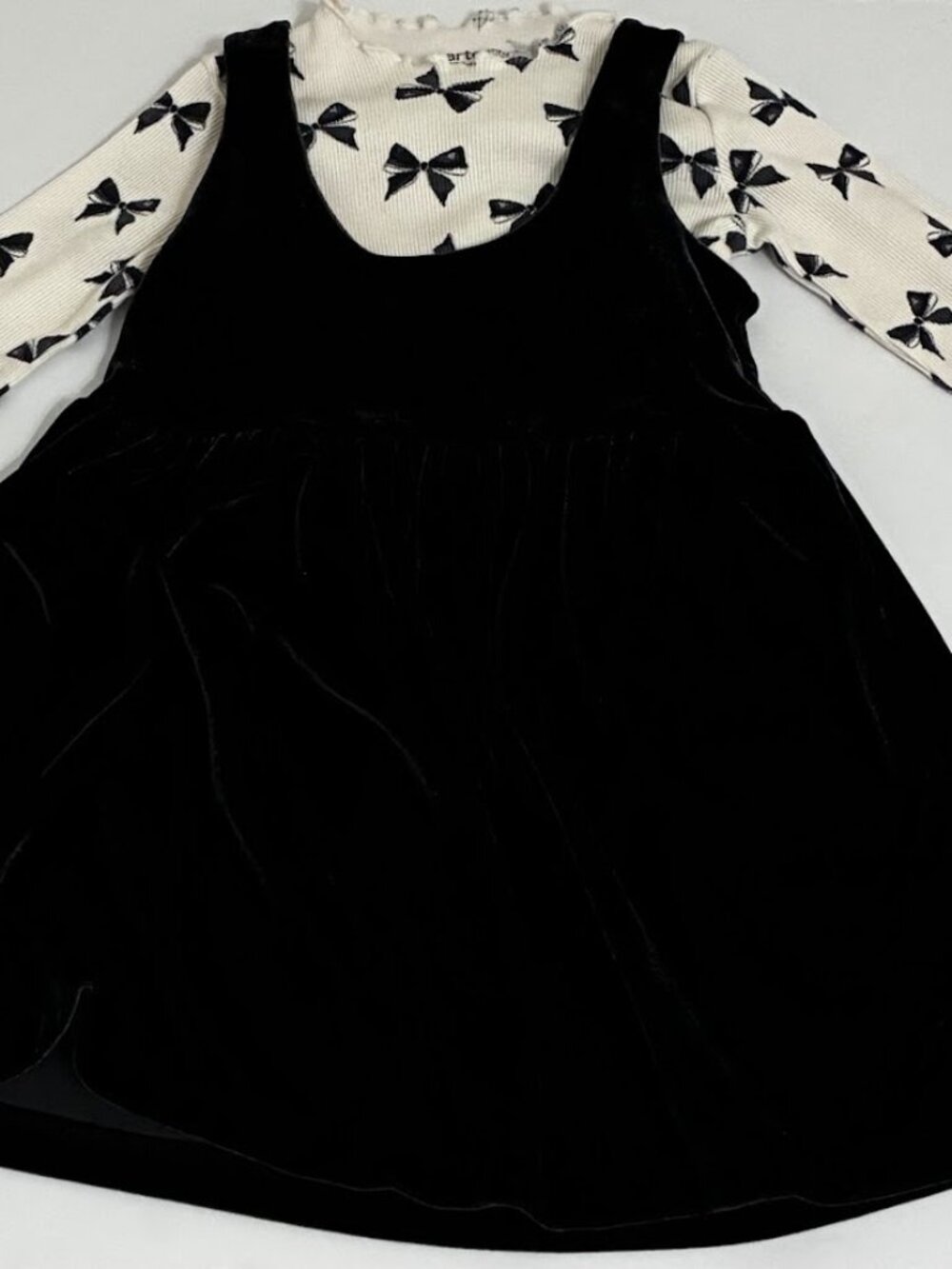 Toddler Girls Black Velvet Jumper Dress with Bow Print Long Sleeve Top